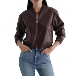 Burgundy Faux Leather Cropped Bomber Jacket